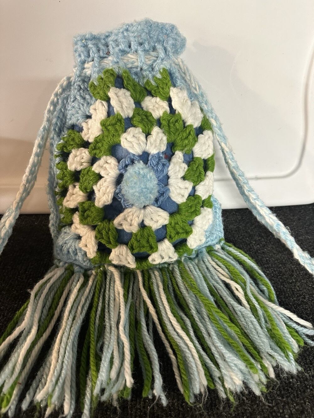 Handcrafted handbag women Crochet blue white green fringe granny square
